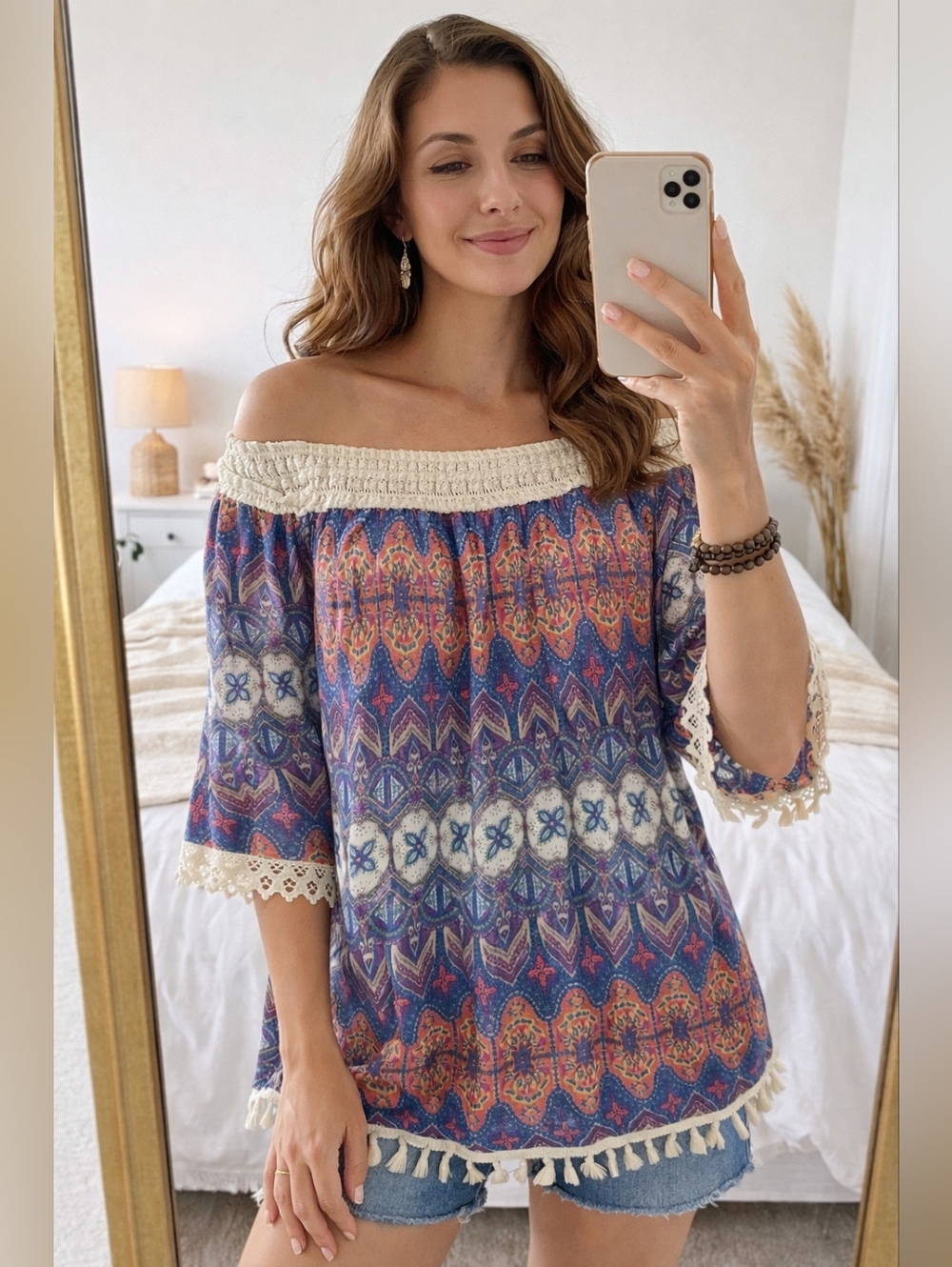 Ali Miles Boho Tunic Large Off Shoulder Tassel Hem Paisley Geometric Artwear Top